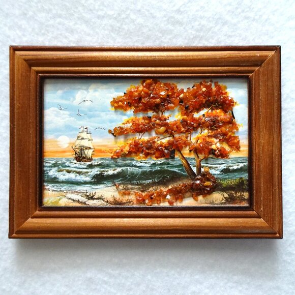 Vintage Miniature Painting Print with Baltic Amber Tree Landscape Ship Seascape - Picture 1 of 8